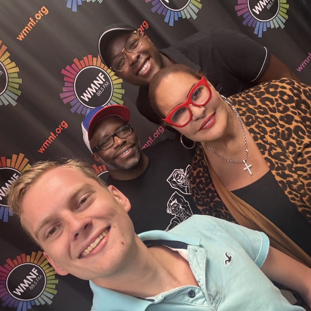 Big Gay Radio Show hosts Chris, Bryan, and Esme, joined by Veronica Foxx
